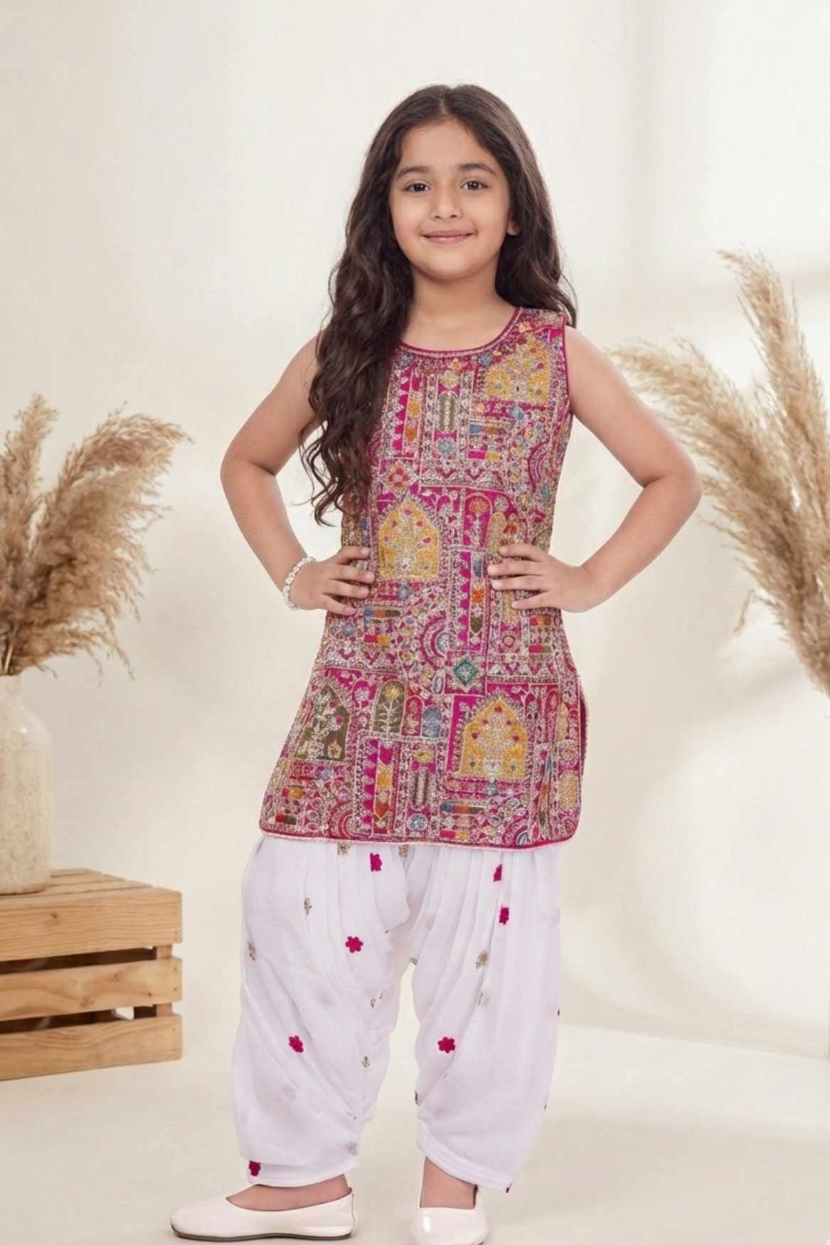 Rani Pink Sequins Embroidered Patiala Set For Girls