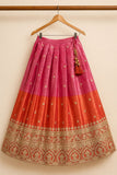 Rust & Pink Mirror Work Embroidered Lehenga Choli Set with Dupatta For Girls