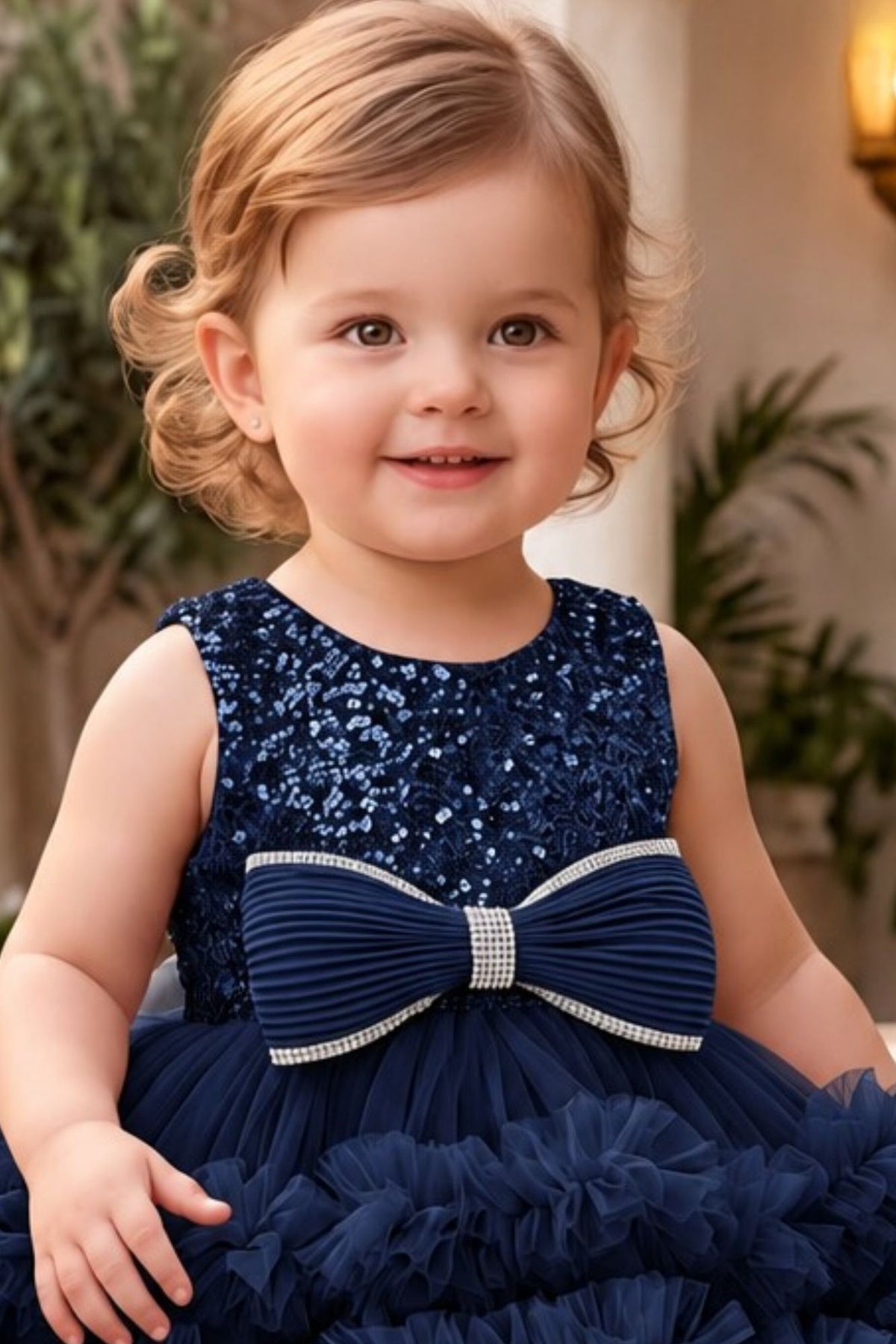 Girls Navy Blue Sequin High-Low Party Wear Frock