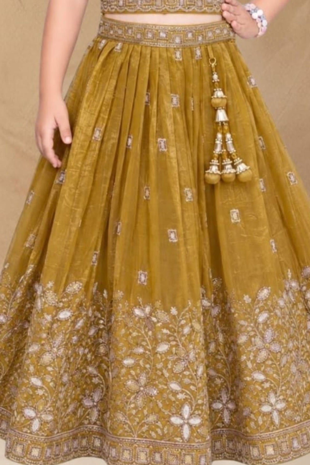 Girls Mustard Floral Embroidered Lehenga Choli Set With Dupatta