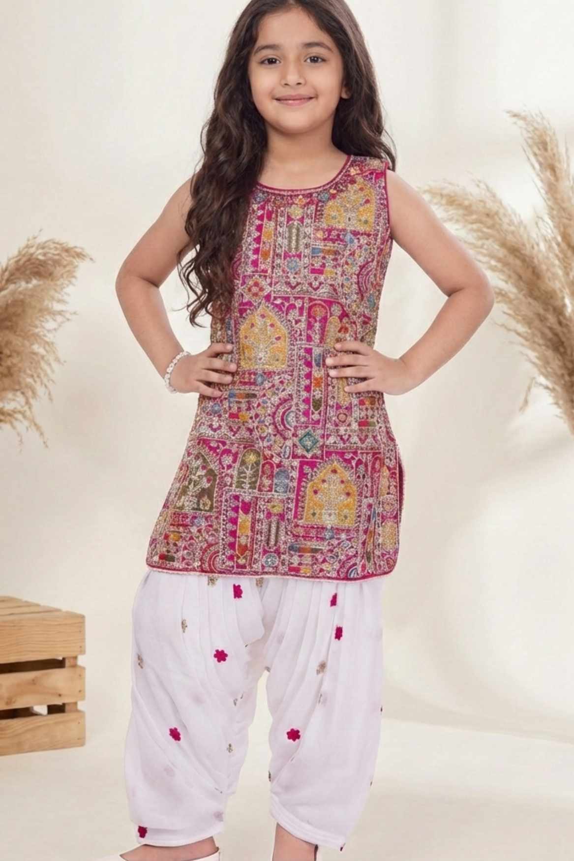 Rani Pink Sequins Embroidered Patiala Set For Girls