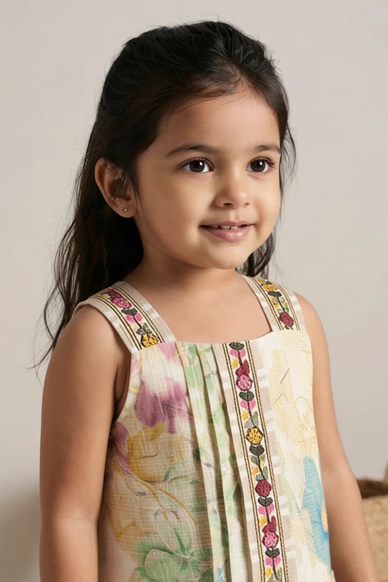 Girls Multicolor Floral Printed Dress with Embroidered Panel