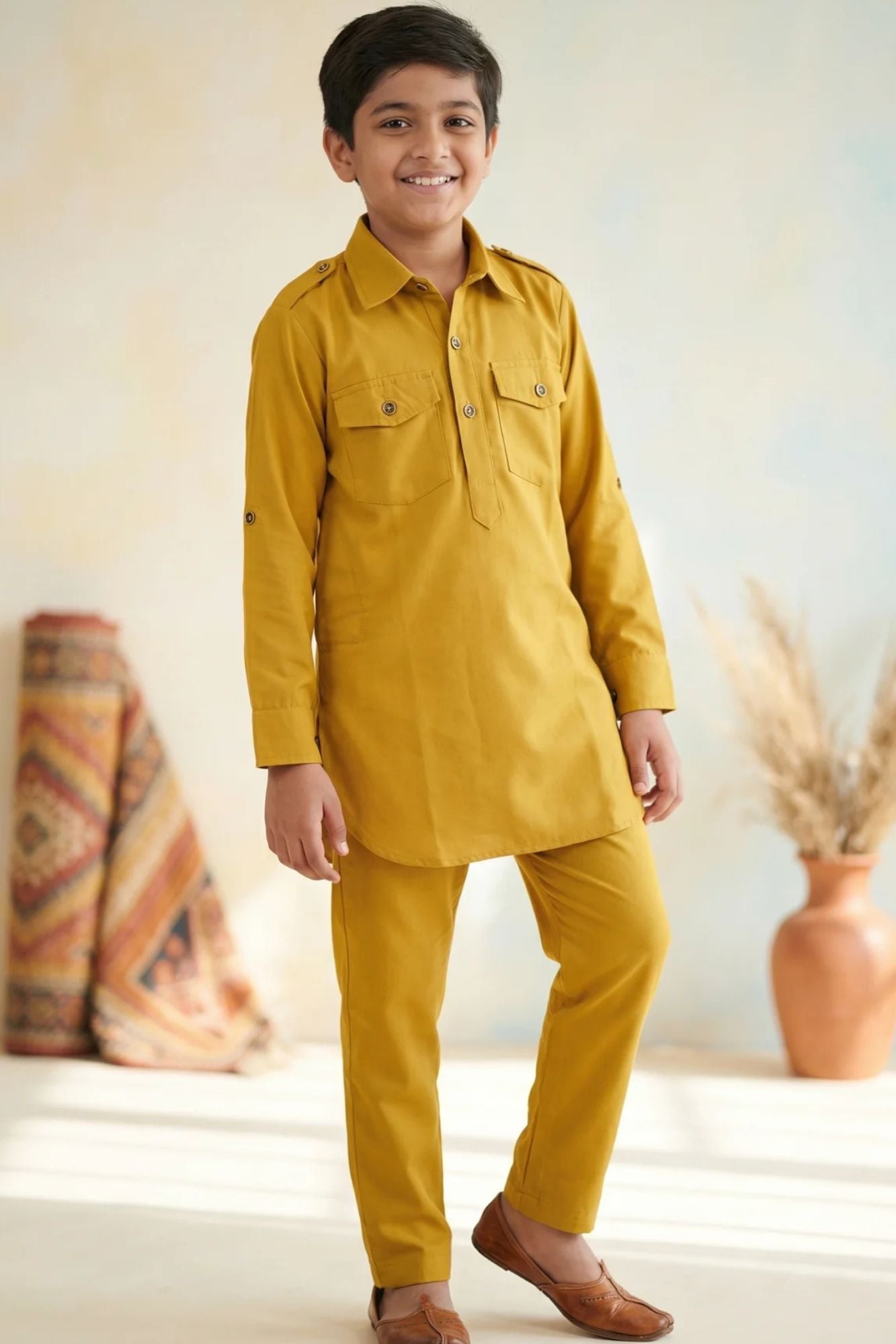 Mustard Yellow Kurta Set  With Shirt Collar Design For Boys