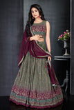 Green And Wine Lehenga Choli Set With Printed And Mirror Work For Girls