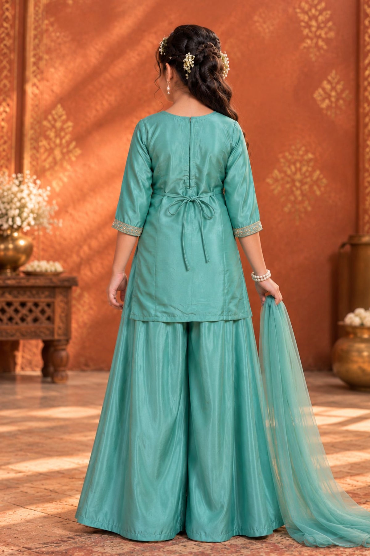 Sea Green Embroidered Palazzo Set with Dupatta For Girls