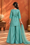 Sea Green Embroidered Palazzo Set with Dupatta For Girls