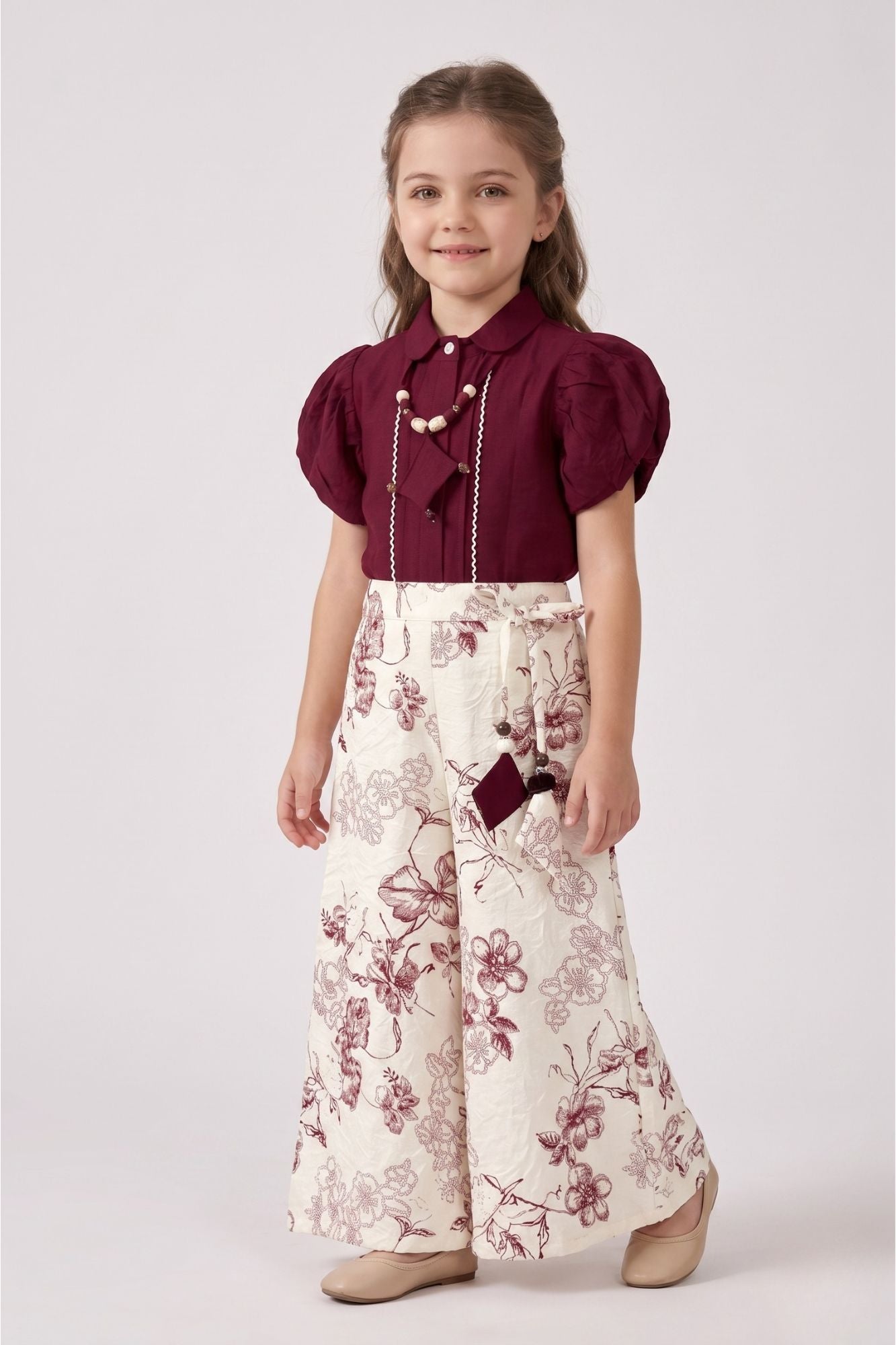Girls Wine Puff Sleeve Top with Printed Palazzo Pants