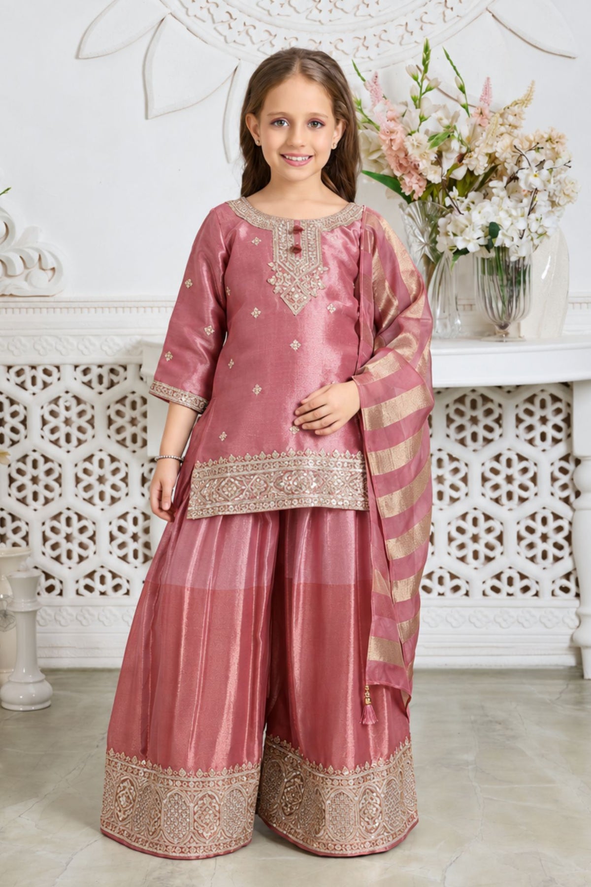 Girls Elegant Pink With Gold Embroidered Palazzo Set