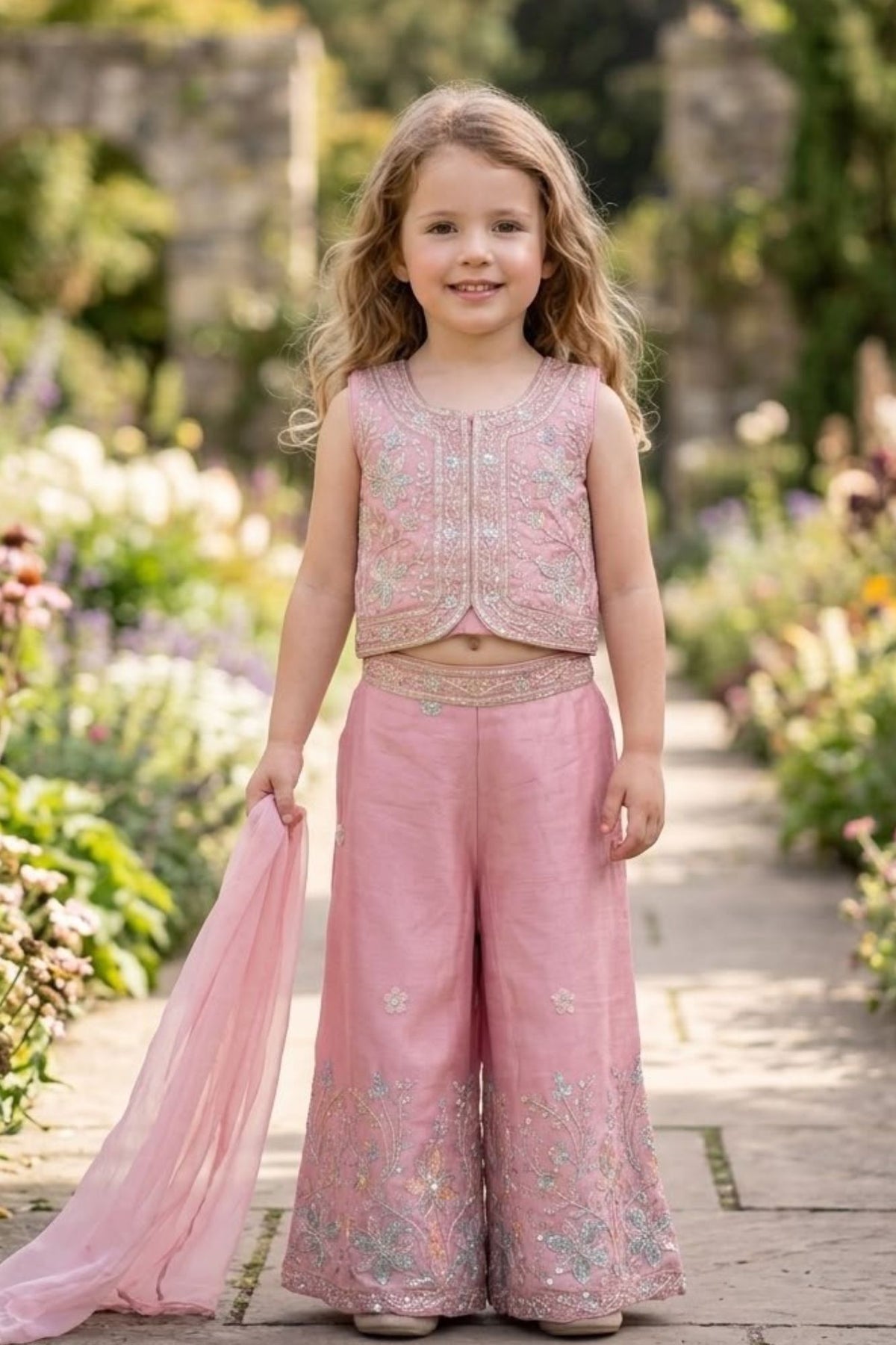 Girls Dusty Pink Floral Embroidered Top And  Palazzo Set With Dupatta
