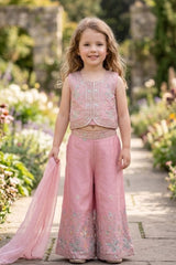 Girls Dusty Pink Floral Embroidered Top And  Palazzo Set With Dupatta
