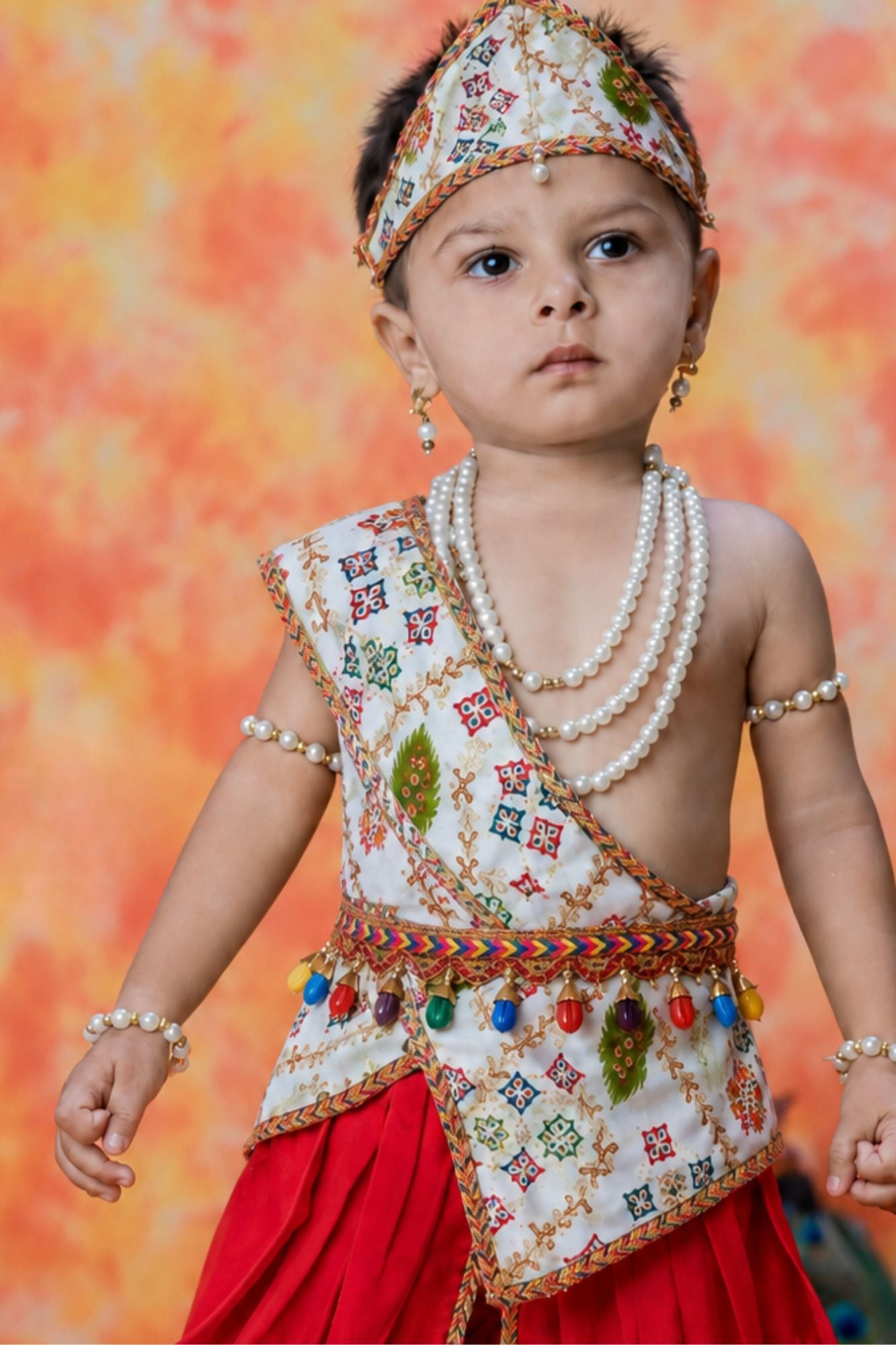 Boys Red Ethnic Geometric And Peacock Printed Krishna Dhoti Set with Accessories