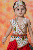 Boys Red Ethnic Geometric And Peacock Printed Krishna Dhoti Set with Accessories