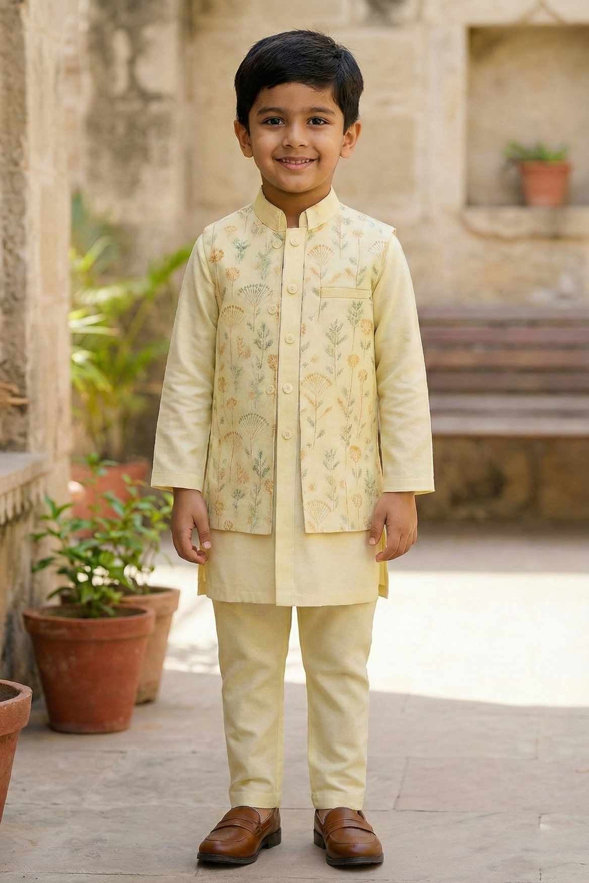 Cream Kurta Set with Pastel Embroidered Nehru Jacket For Boys