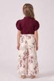 Girls Wine Puff Sleeve Top with Printed Palazzo Pants