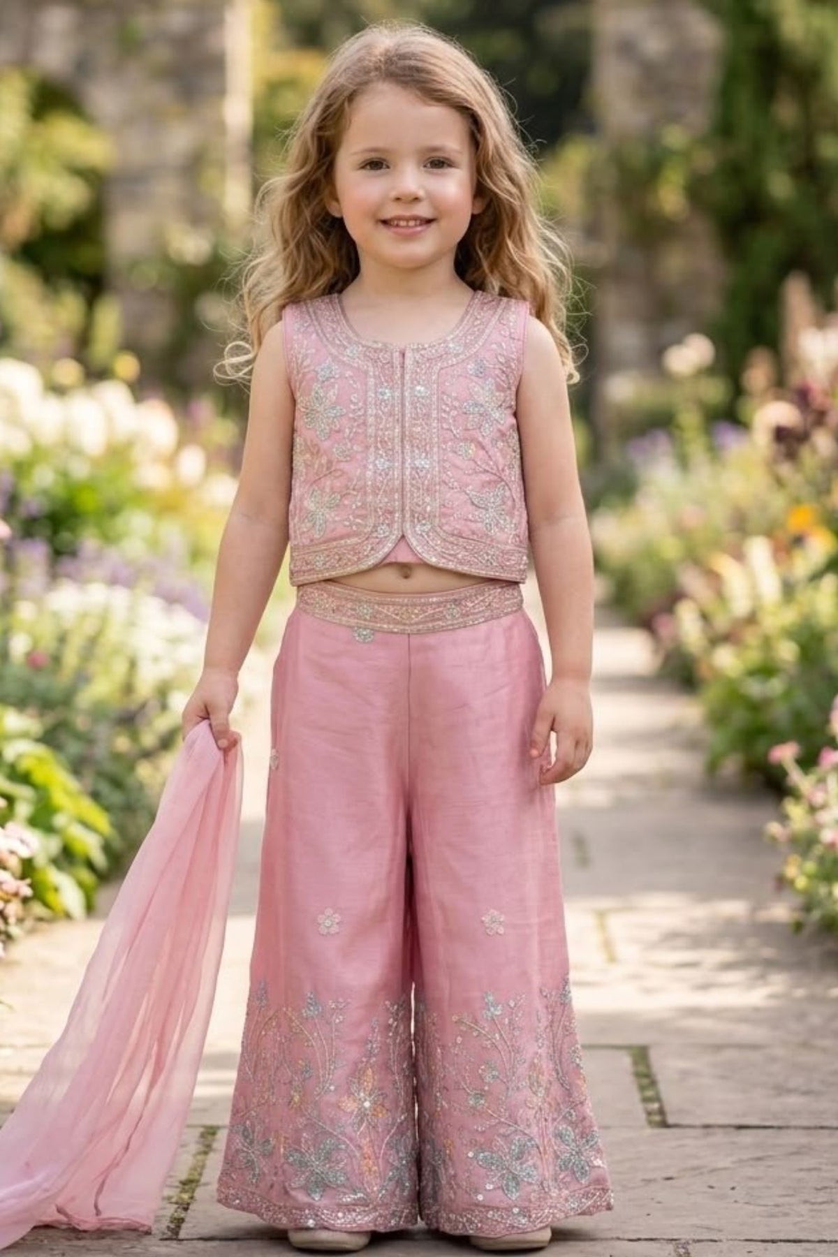Girls Dusty Pink Floral Embroidered Top And  Palazzo Set With Dupatta