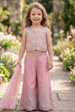 Girls Dusty Pink Floral Embroidered Top And  Palazzo Set With Dupatta