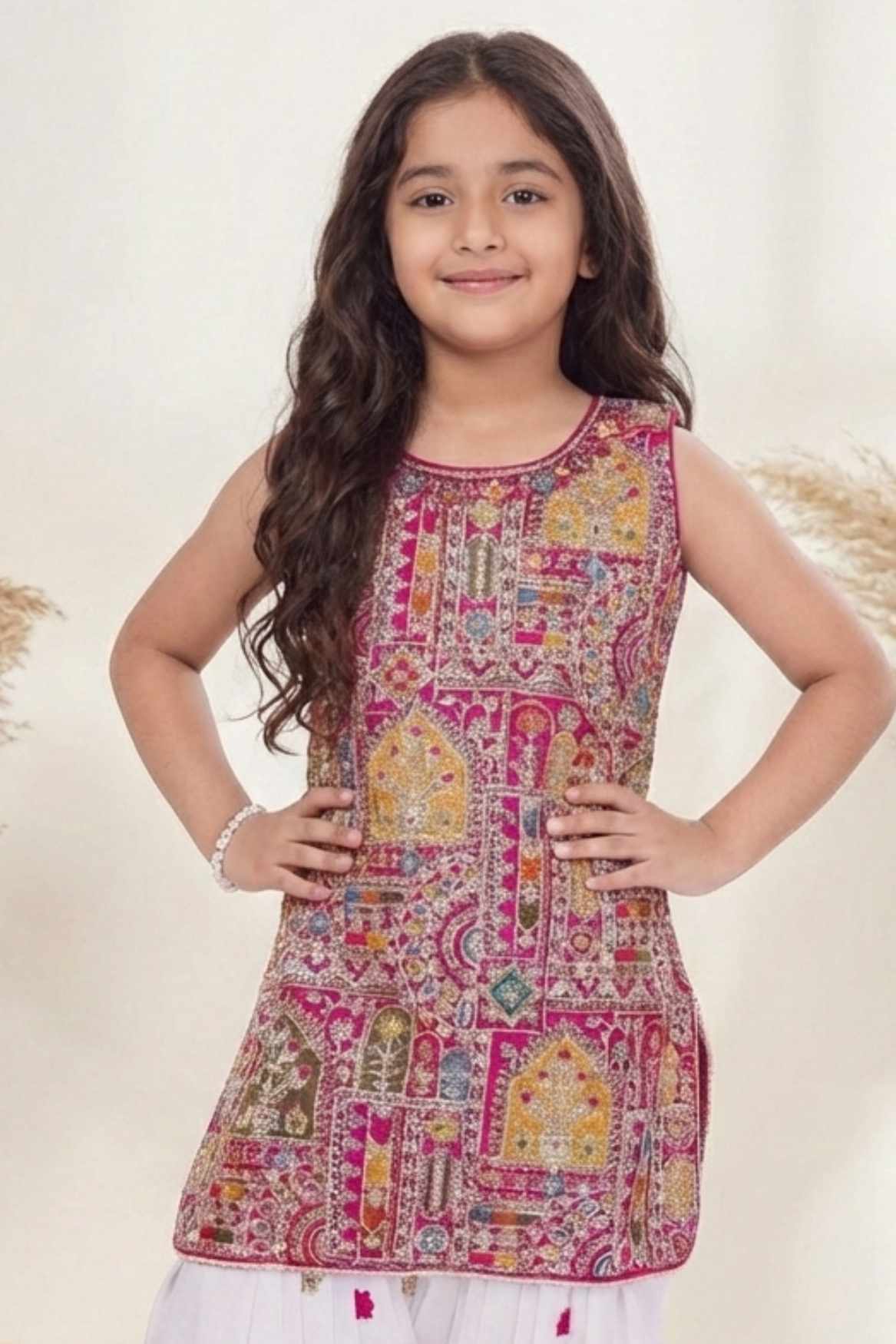 Rani Pink Sequins Embroidered Patiala Set For Girls