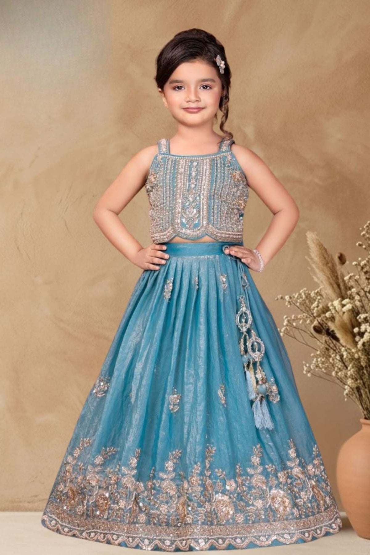 Girls Teal Blue Silver Embroidered Lehenga Choli Set With Dupatta