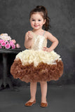 Girls Sequin Embellished Ivory & Brown Ruffle Party Dress