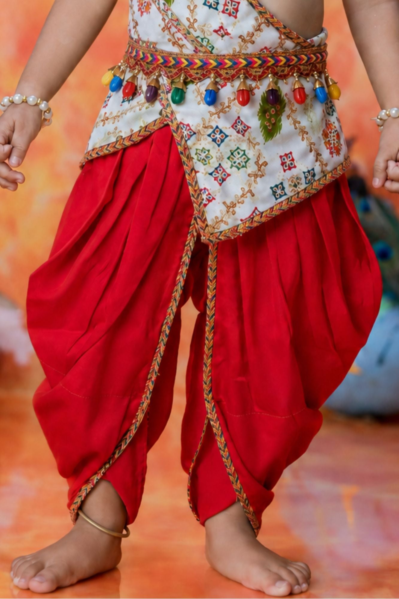 Boys Red Ethnic Geometric And Peacock Printed Krishna Dhoti Set with Accessories