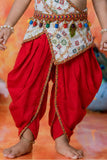Boys Red Ethnic Geometric And Peacock Printed Krishna Dhoti Set with Accessories
