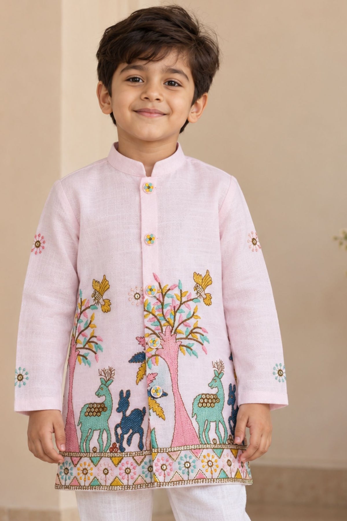 Boys Light Pink Embroidered Kurta Pant Set