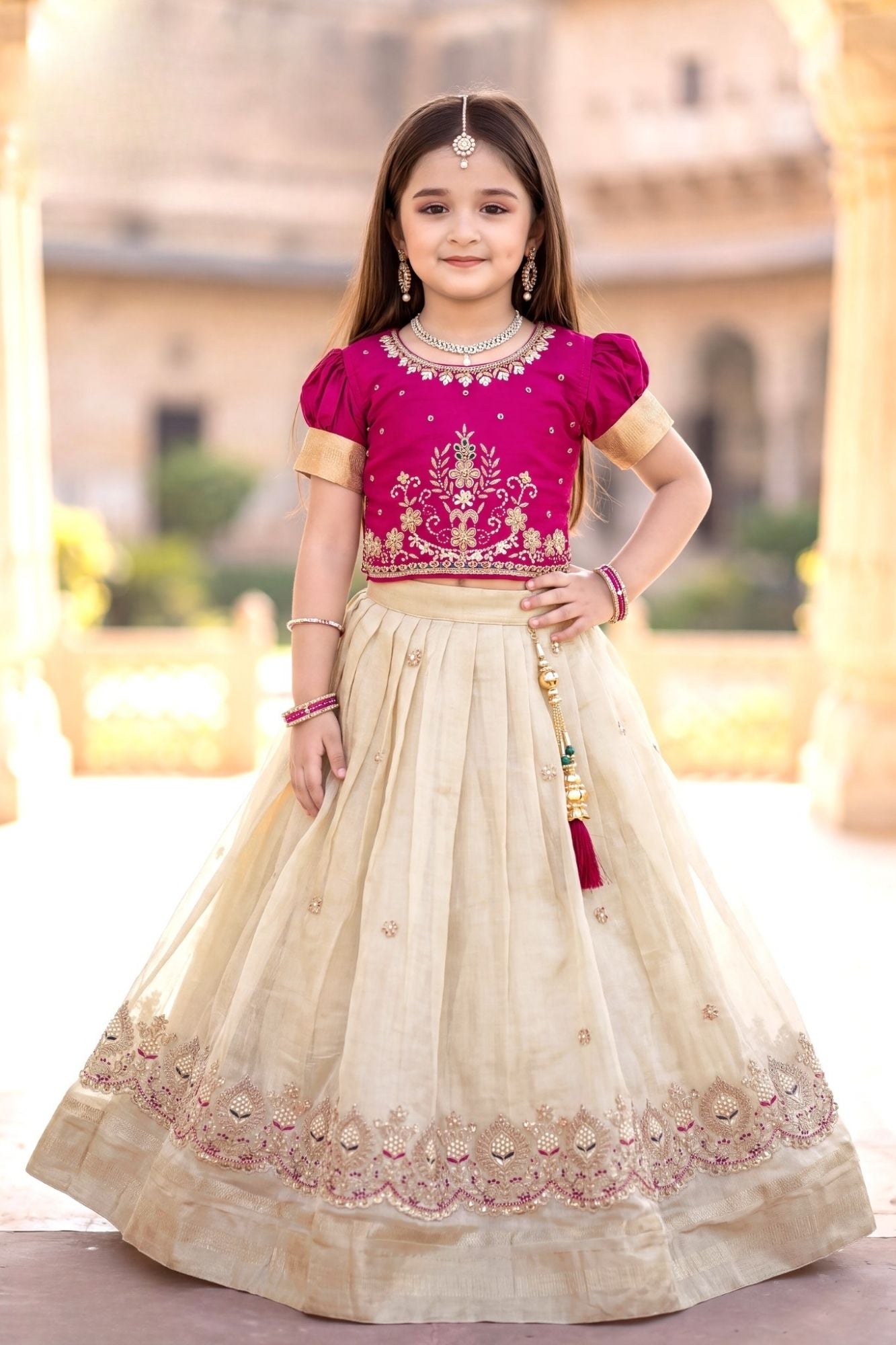 Rani Pink & Ivory Embroidered Pattu Pavadai with Puff Sleeves For Girls