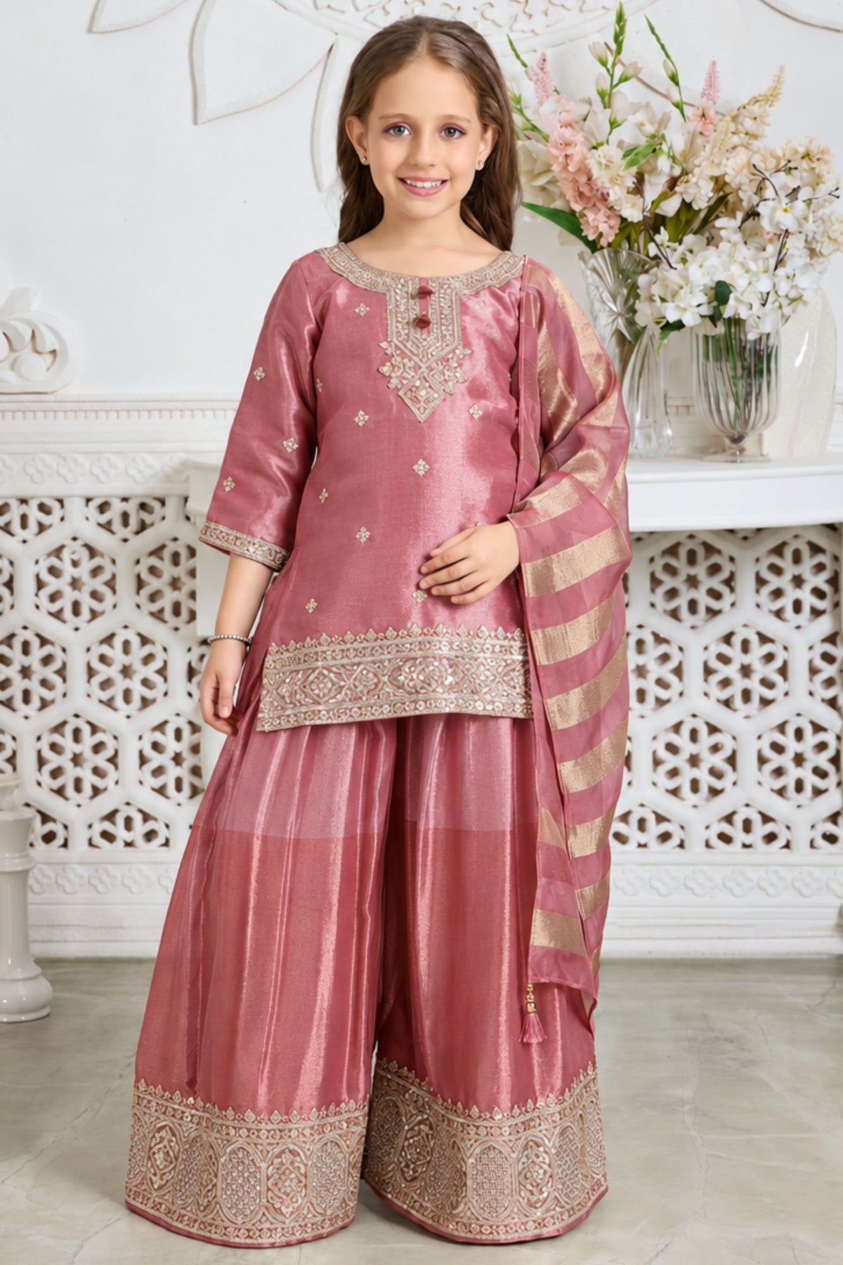 Girls Elegant Pink With Gold Embroidered Palazzo Set