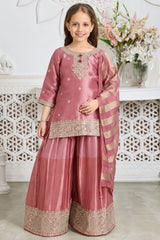 Girls Elegant Pink With Gold Embroidered Palazzo Set