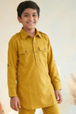 Mustard Yellow Kurta Set  With Shirt Collar Design For Boys