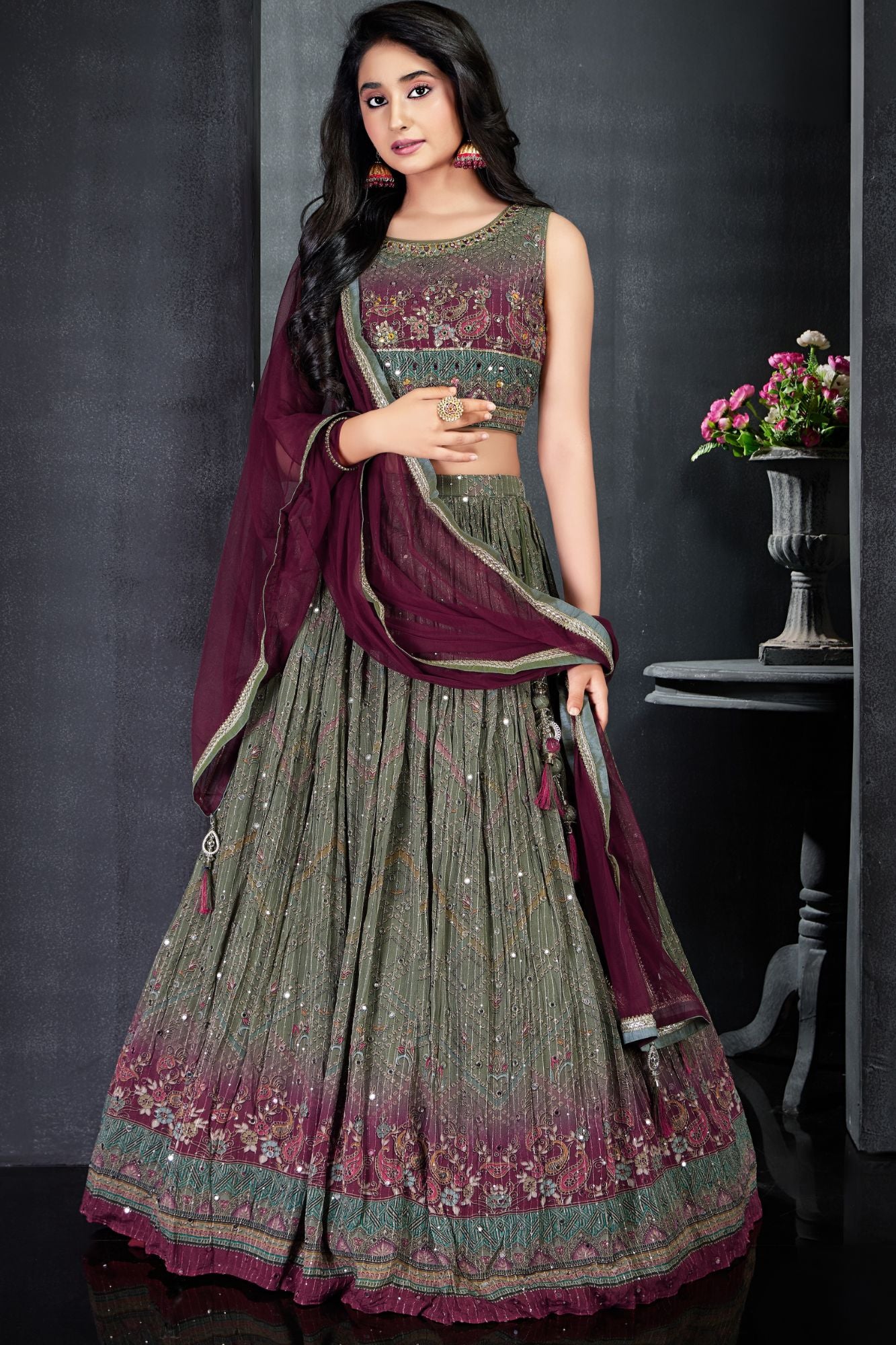 Green And Wine Lehenga Choli Set With Printed And Mirror Work For Girls