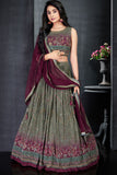 Green And Wine Lehenga Choli Set With Printed And Mirror Work For Girls