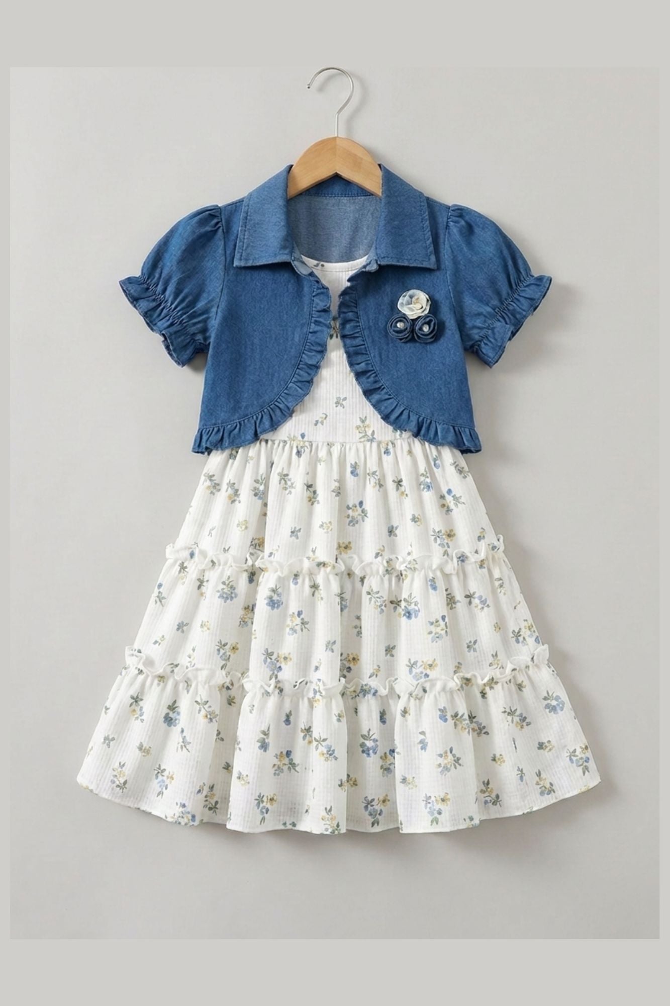 Girls Floral Printed Cream with Blue Denim Shrug