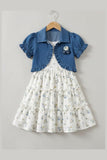 Girls Floral Printed Cream with Blue Denim Shrug