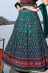 Rama Green Printed Ghagra Choli With Dupatta For Girls