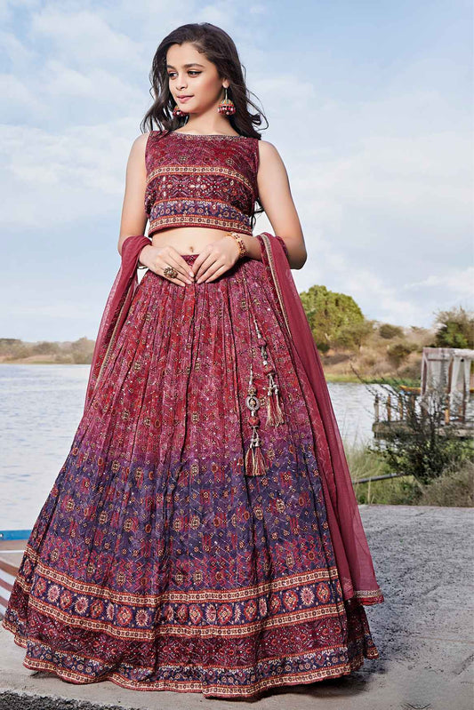 Elegant Pink And Blue Printed Ghagra Choli With Dupatta For Girls