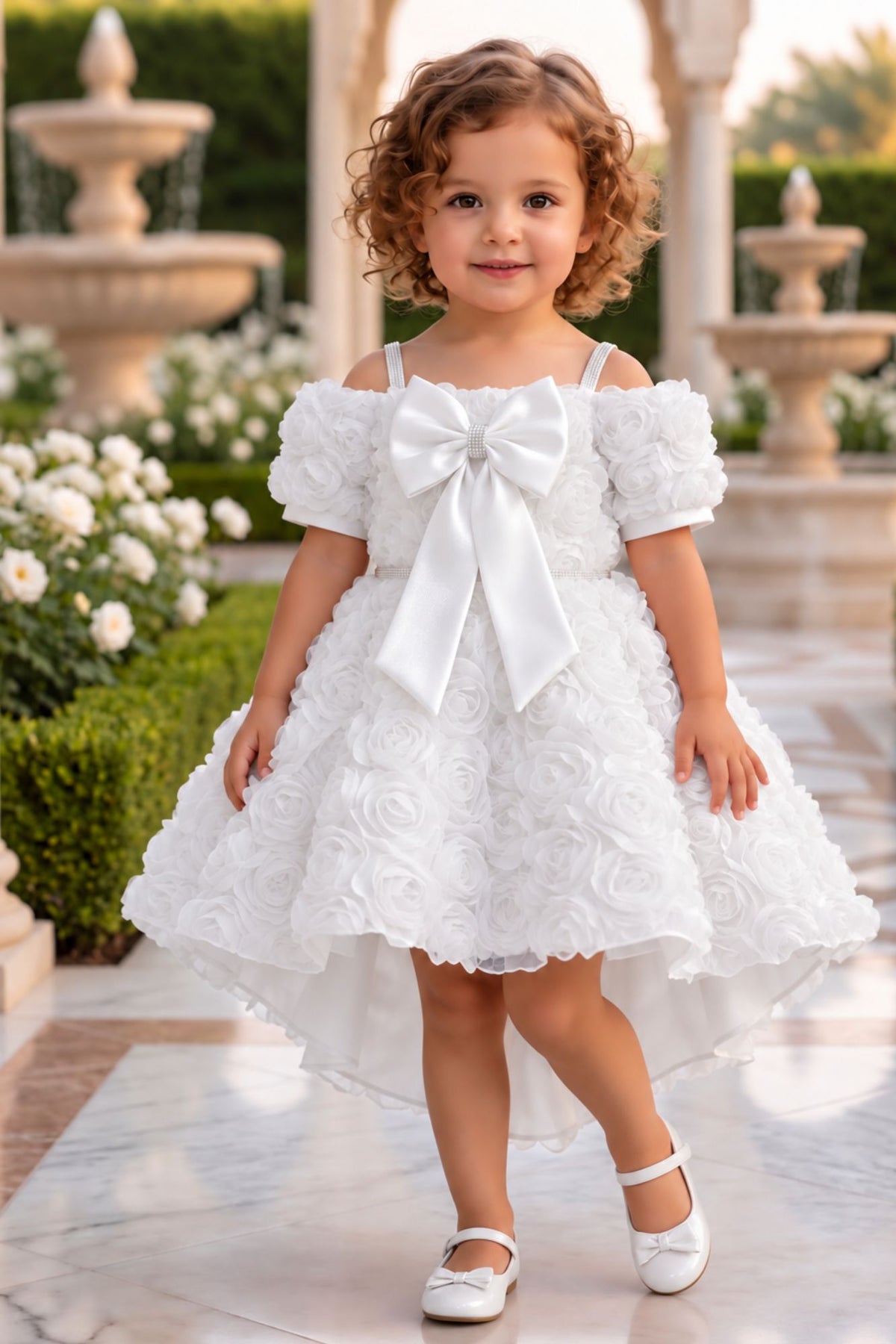 Girls White 3D Floral Net High-Low Party Frock With Statement Bow