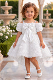 Girls White 3D Floral Net High-Low Party Frock With Statement Bow