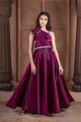 Wine Organza Partywear Gown With Stone Waist Band For Girls