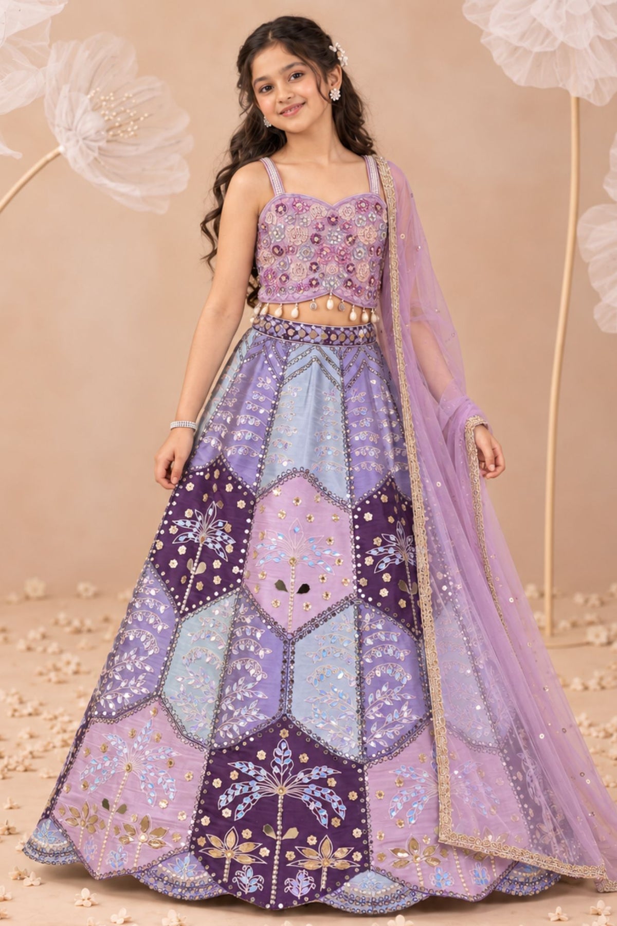 Girls Lavender And Purple Floral Mirror Work Embellished Lehenga Choli Set