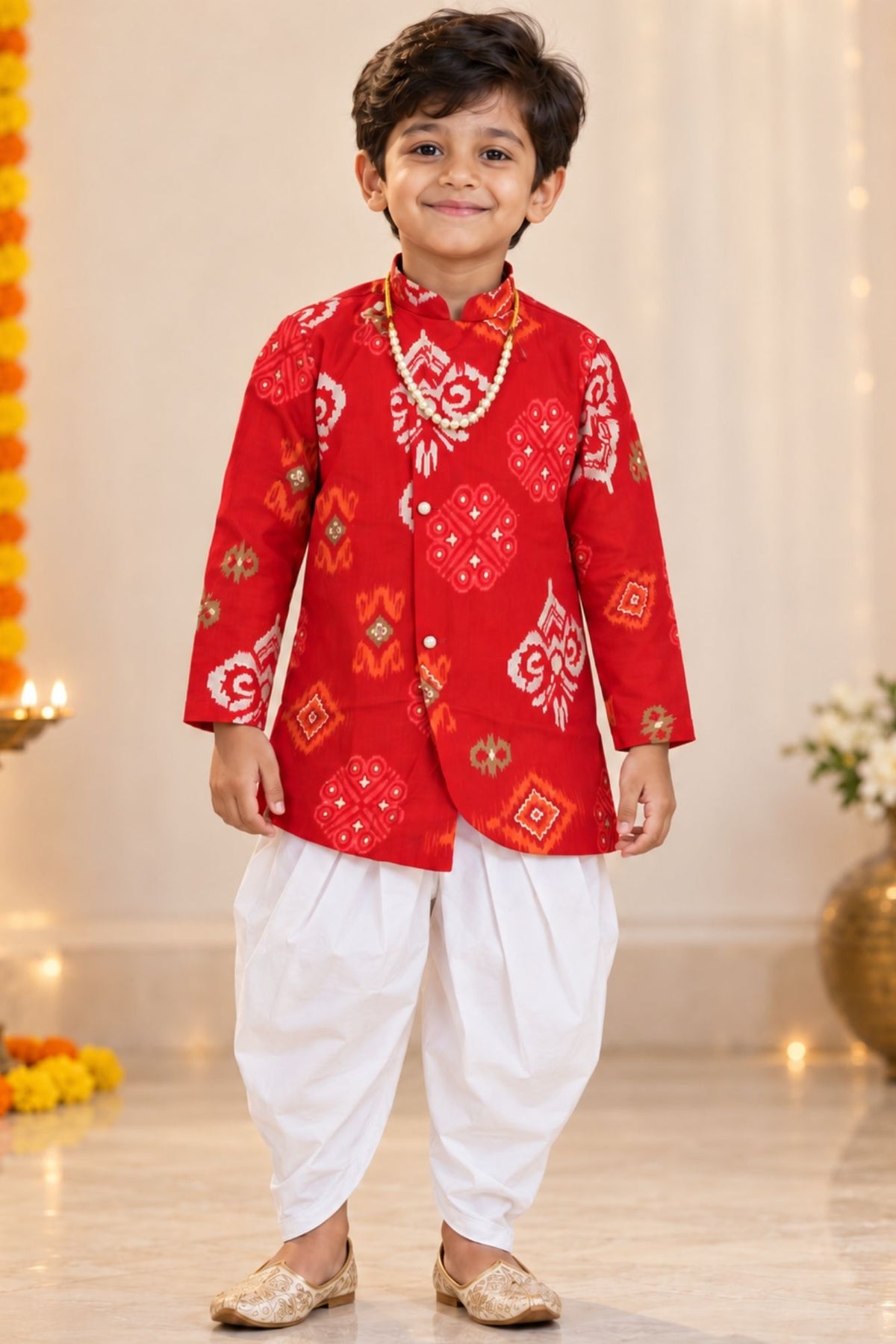 Boys Red Printed Kurta Dhoti Pant Set