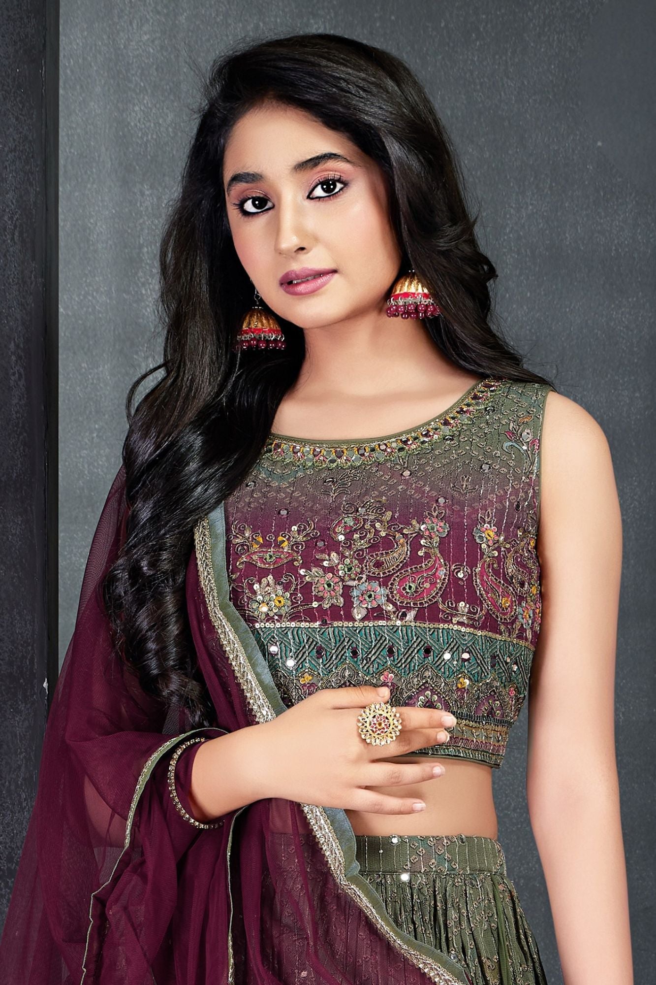 Green And Wine Lehenga Choli Set With Printed And Mirror Work For Girls
