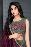 Green And Wine Lehenga Choli Set With Printed And Mirror Work For Girls
