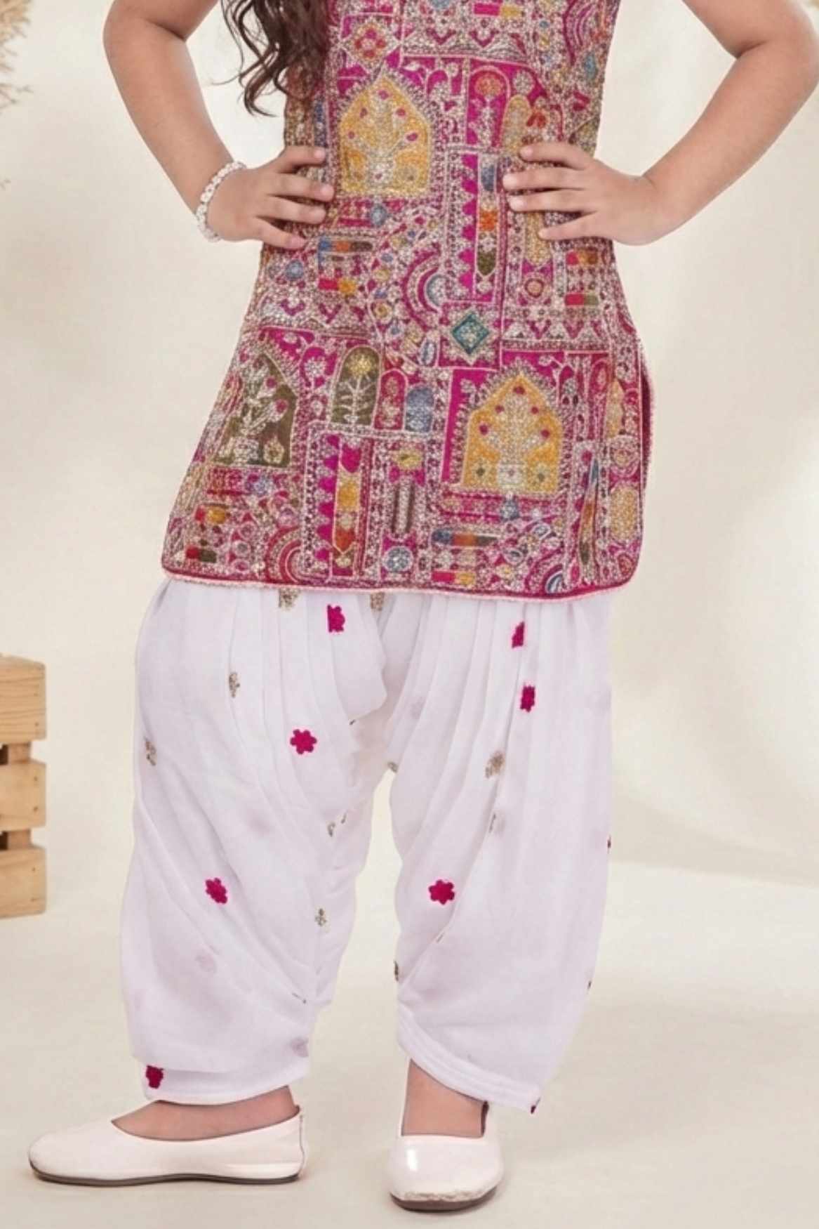 Rani Pink Sequins Embroidered Patiala Set For Girls