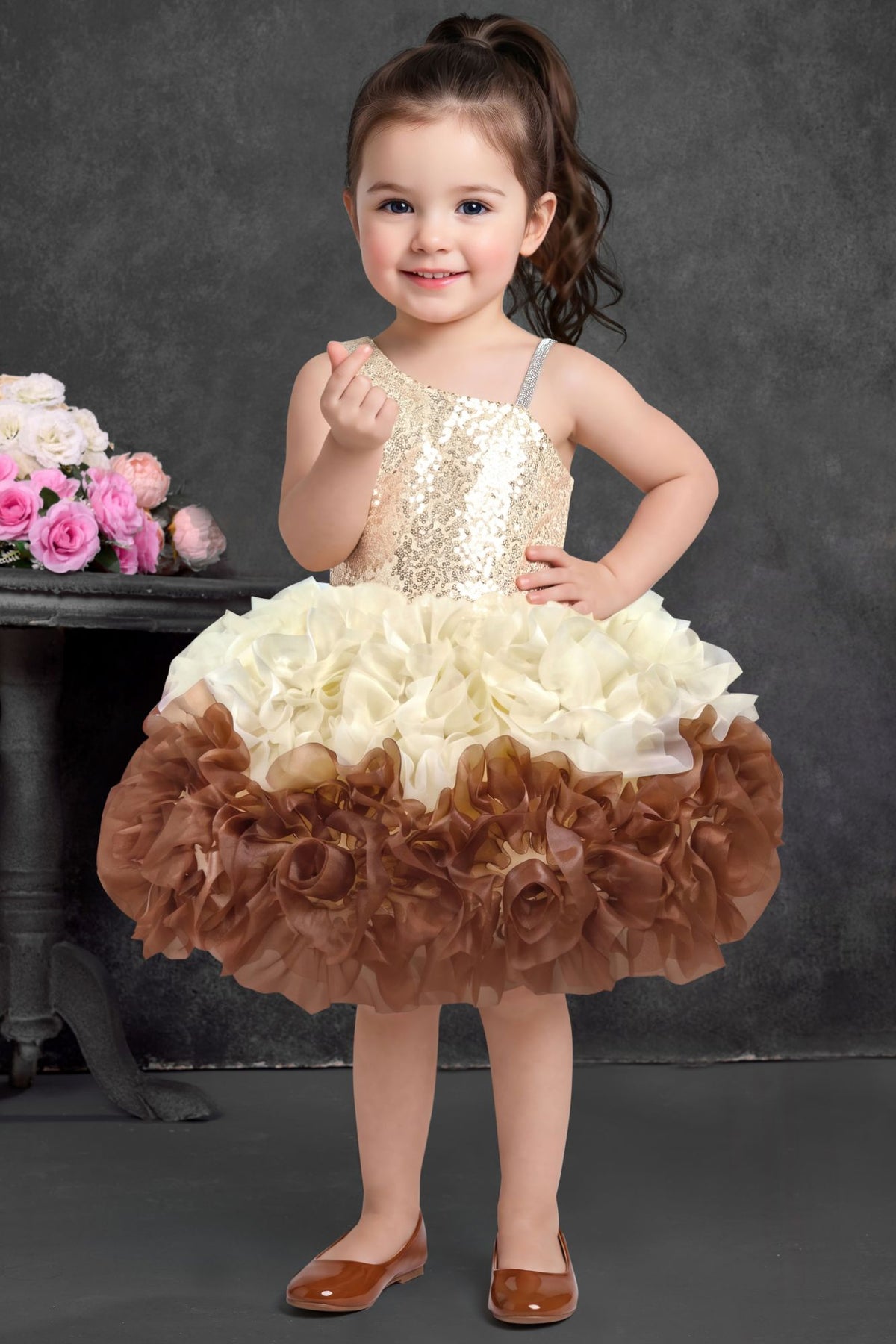 Girls Sequin Embellished Ivory & Brown Ruffle Party Dress