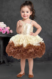 Girls Sequin Embellished Ivory & Brown Ruffle Party Dress