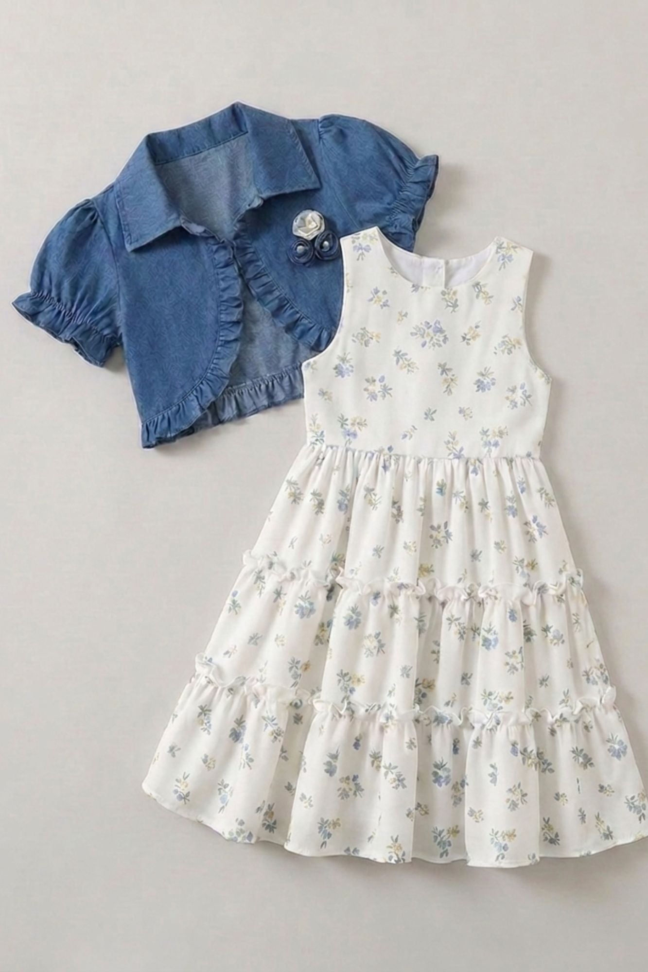 Girls Floral Printed Cream with Blue Denim Shrug