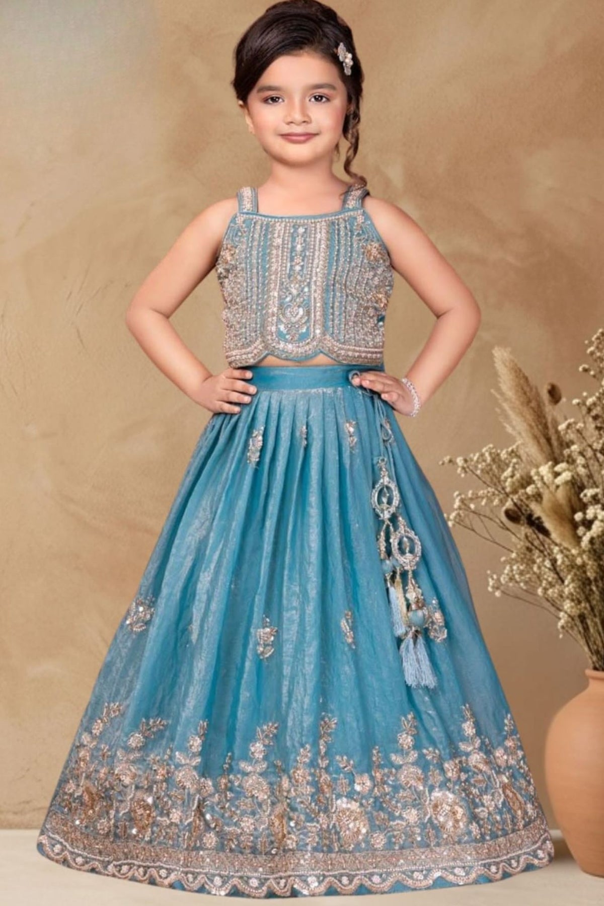 Girls Teal Blue Silver Embroidered Lehenga Choli Set With Dupatta