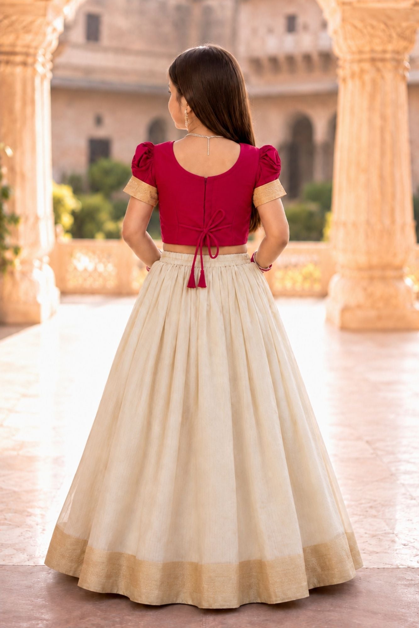 Rani Pink & Ivory Embroidered Pattu Pavadai with Puff Sleeves For Girls