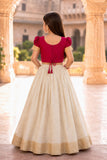 Rani Pink & Ivory Embroidered Pattu Pavadai with Puff Sleeves For Girls